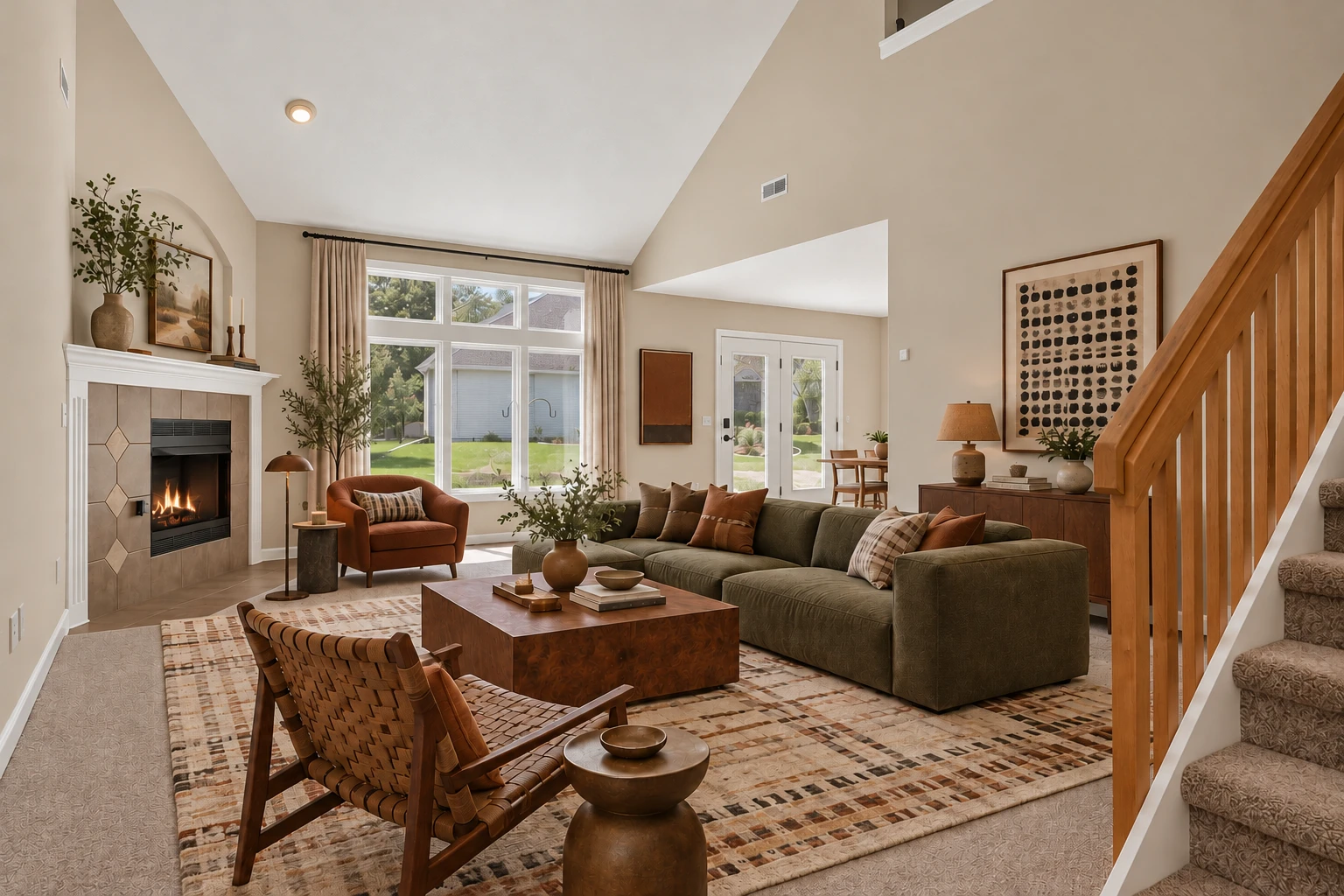Vaulted great room with gas fireplace and large windows