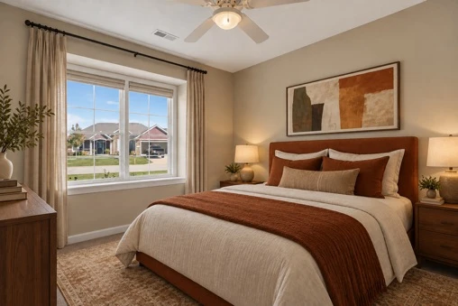 Virtually staged · Bedroom with large window at 1906 Kelleys Landing