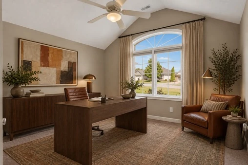 Virtually staged · Bedroom with arched window at 1906 Kelleys Landing